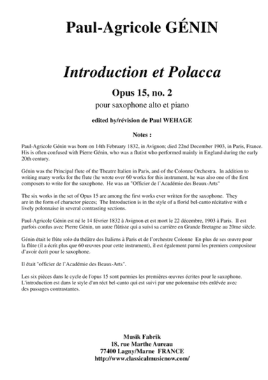 Paul-Agricole Génin: Introdcution et Polacca, Opus 15, no. 2 for alto saxophone and piano (arr. Musik Fabrik Music Publishing)