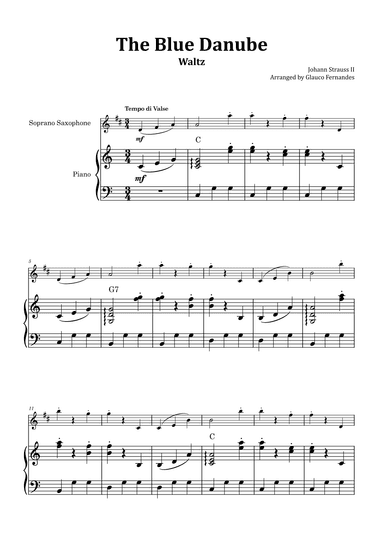 The Blue Danube - Soprano Saxophone and Piano with Chord Notations (arr. Glauco Fernandes)