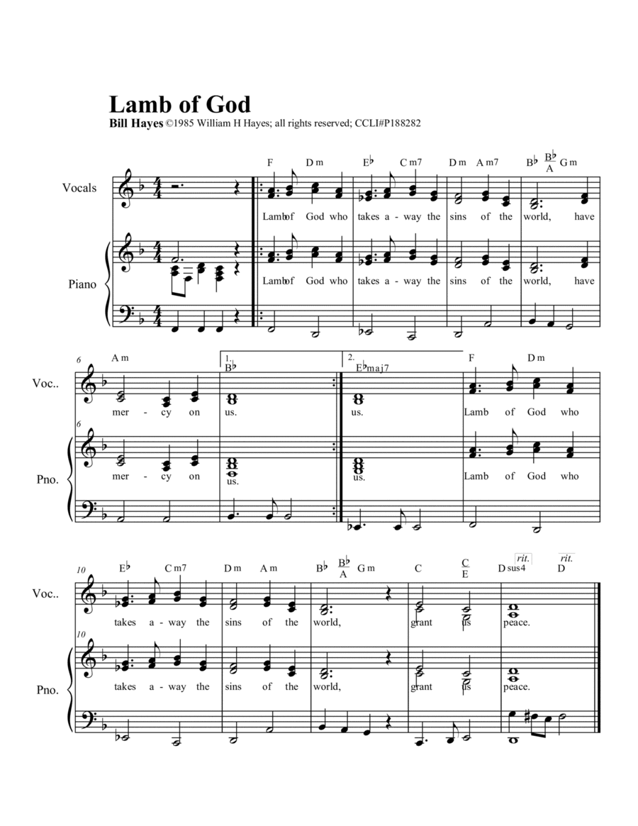 Lamb of God (Mass of the Holy Spirit) piano/vocal (Spo/Alto)