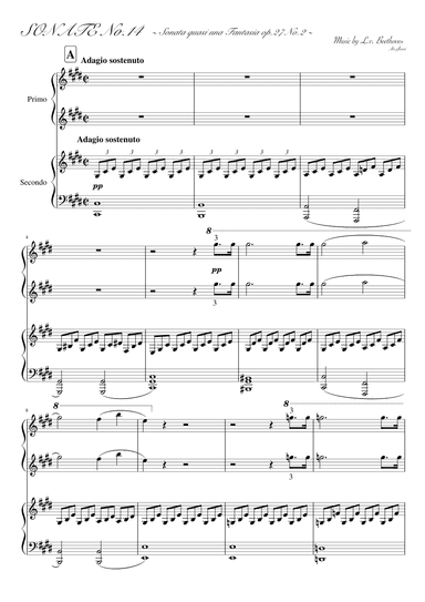 "Piano Sonata No. 14" (op.27-2) Piano 4hands, teacher & student ver. (arr. pfkaori)