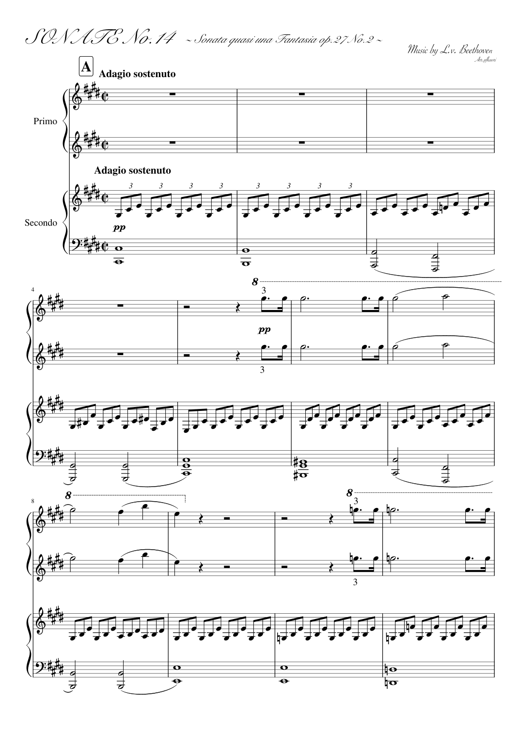 "Piano Sonata No. 14" (op.27-2) Piano 4hands, teacher & student ver. (arr. pfkaori)