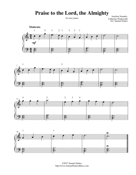 Praise to the Lord, the Almighty - for easy piano (arr. Samuel Stokes)