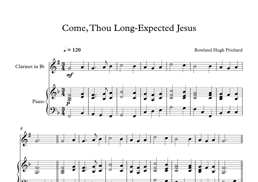 Come, Thou Long-Expected Jesus - Rowland Hugh Prichard (Clarinet + Piano) (arr. Digital Book Music)