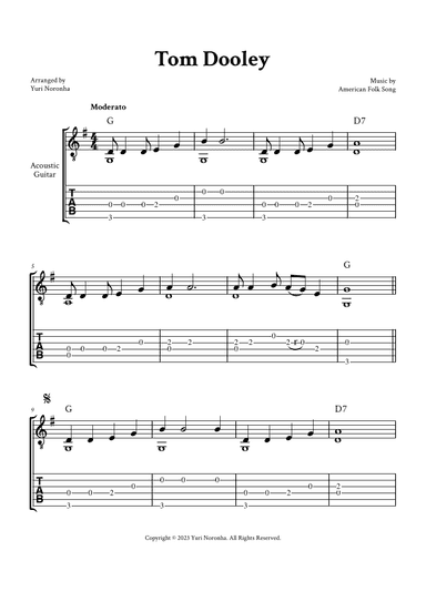 Tom Dooley - Fingerstyle Guitar (G Major, with TAB and Chords) (arr. Yuri Noronha)