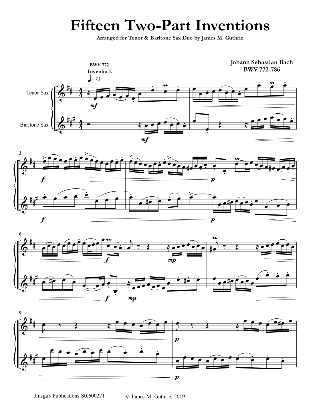Bach: 15 Two-Part Inventions for Tenor & Baritone Sax (arr. James M. Guthrie, ASCAP)