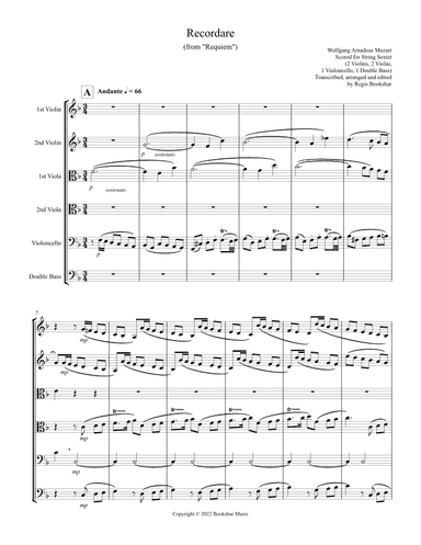 Recordare (from "Requiem") (F) (String Sextet - 2 Violins, 2 Violas, 1 Cello, 1 Bass) (arr. Regis Bookshar)