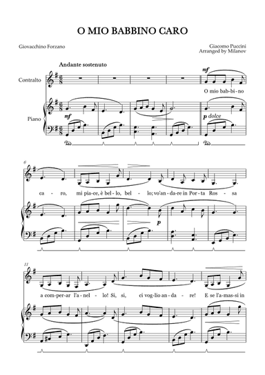 O Mio Babbino Caro | Female Voice Contralto | G Major | Piano accompaniment | Pedal (arr. Milanov)