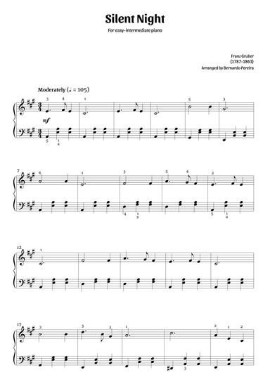 Silent Night (easy-intermediate piano in A major – clean with fingering) (arr. Bernardo Pereira)