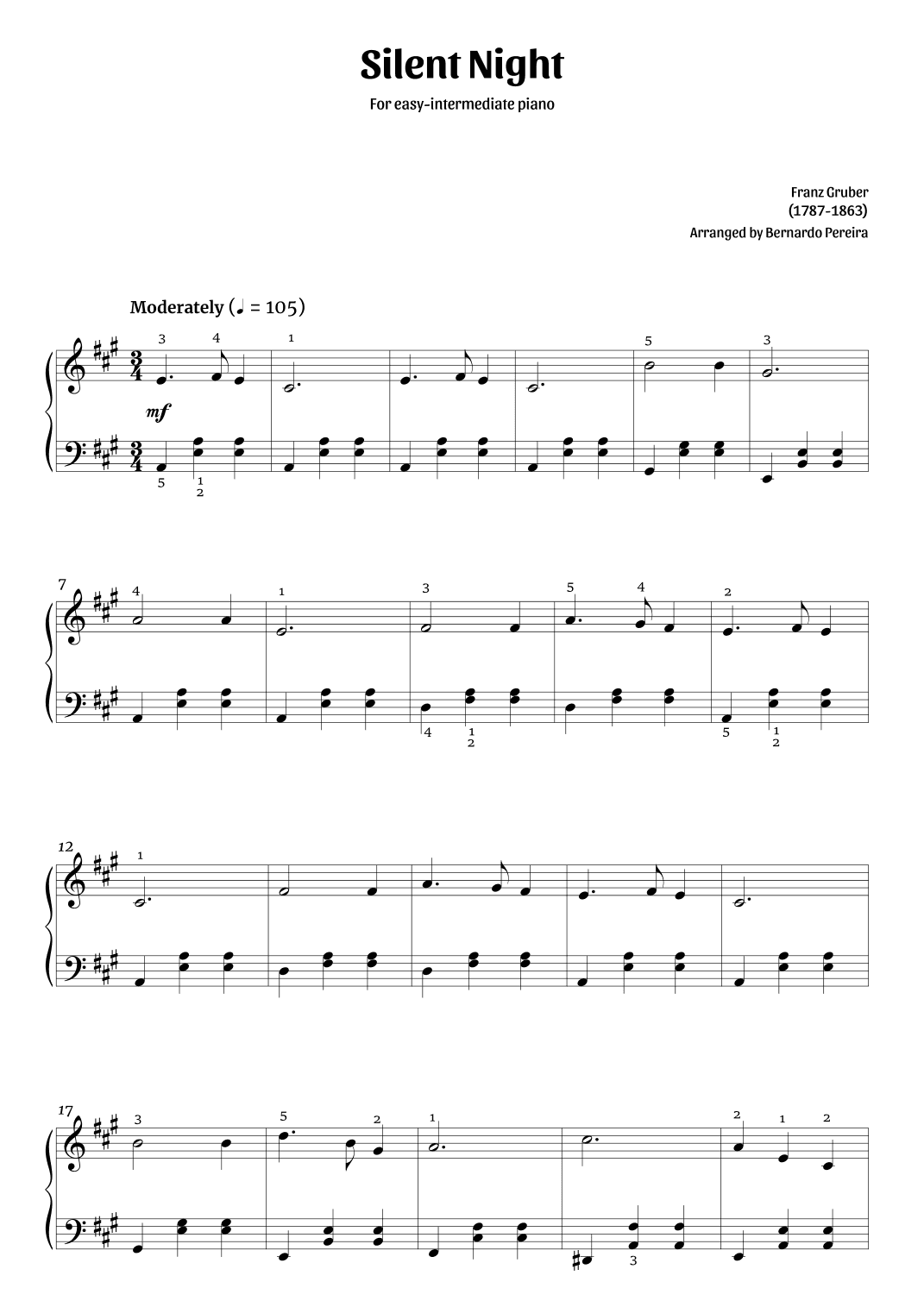 Silent Night (easy-intermediate piano in A major – clean with fingering) (arr. Bernardo Pereira)