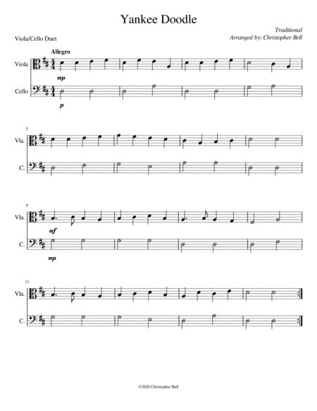 Yankee Doodle - Easy Viola/Cello Duet (arr. Christopher Bell)