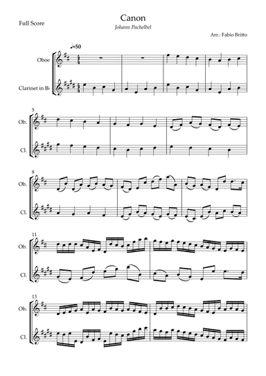 Canon - Johann Pachelbel (Wedding/Reduced Version) for Oboe & Clarinet in Bb Duo (arr. Fabio Britto)