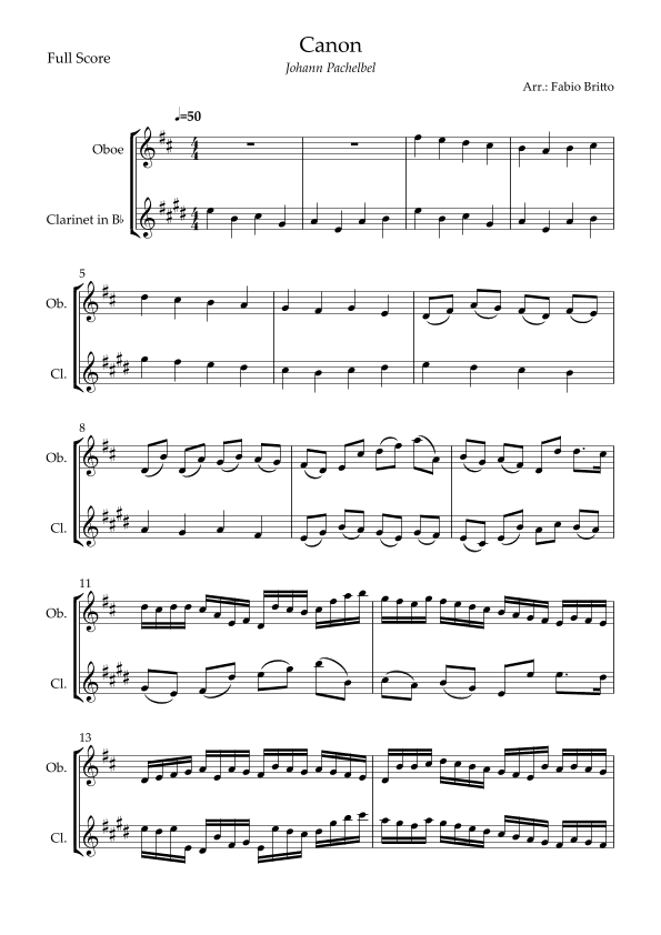 Canon - Johann Pachelbel (Wedding/Reduced Version) for Oboe & Clarinet in Bb Duo (arr. Fabio Britto)