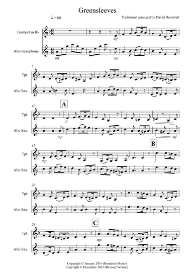 Greensleeves for Trumpet and Alto Saxophone Duet (arr. David Burndrett)