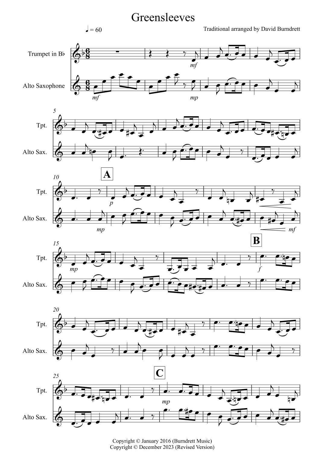 Greensleeves for Trumpet and Alto Saxophone Duet (arr. David Burndrett)