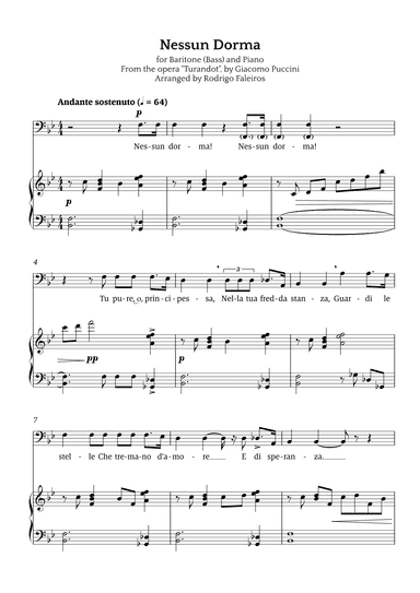 Nessun Dorma (for baritone or bass and piano) (arr. Rodrigo Faleiros)