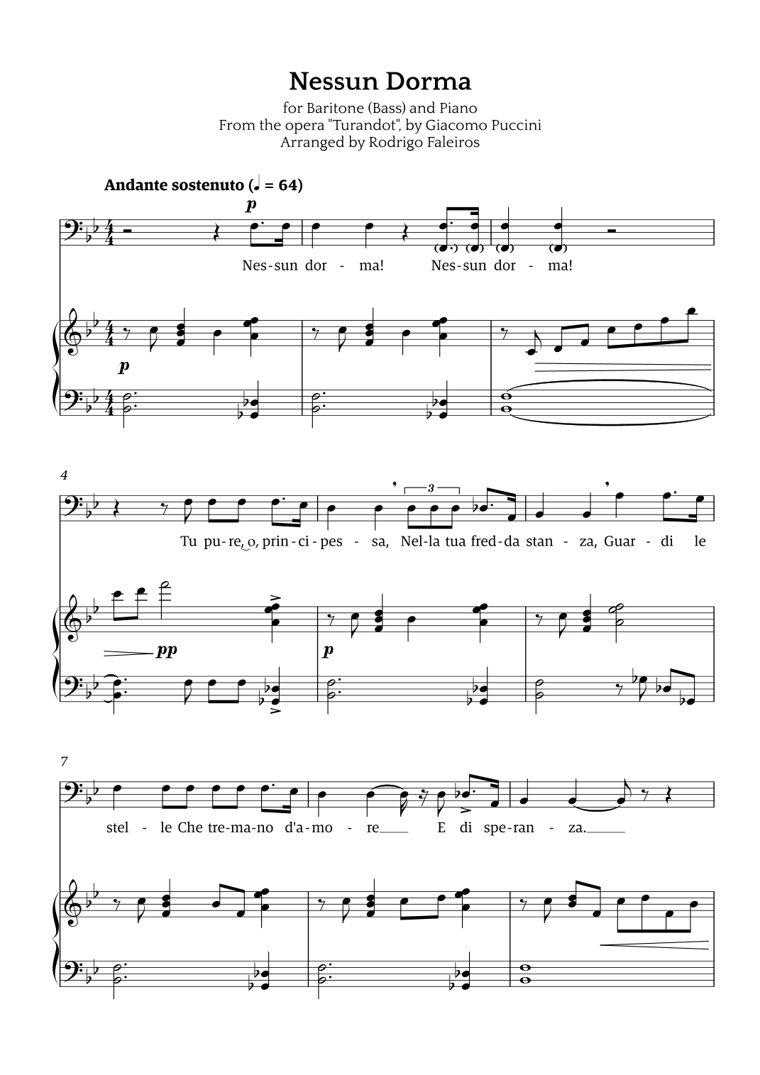Nessun Dorma (for baritone or bass and piano) (arr. Rodrigo Faleiros)