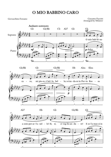 O Mio Babbino Caro | Female Voice Soprano | G-flat Major | Piano accompaniment | Pedal | Chords (arr. Milanov)