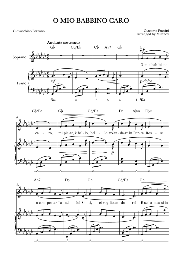 O Mio Babbino Caro | Female Voice Soprano | G-flat Major | Piano accompaniment | Pedal | Chords (arr. Milanov)