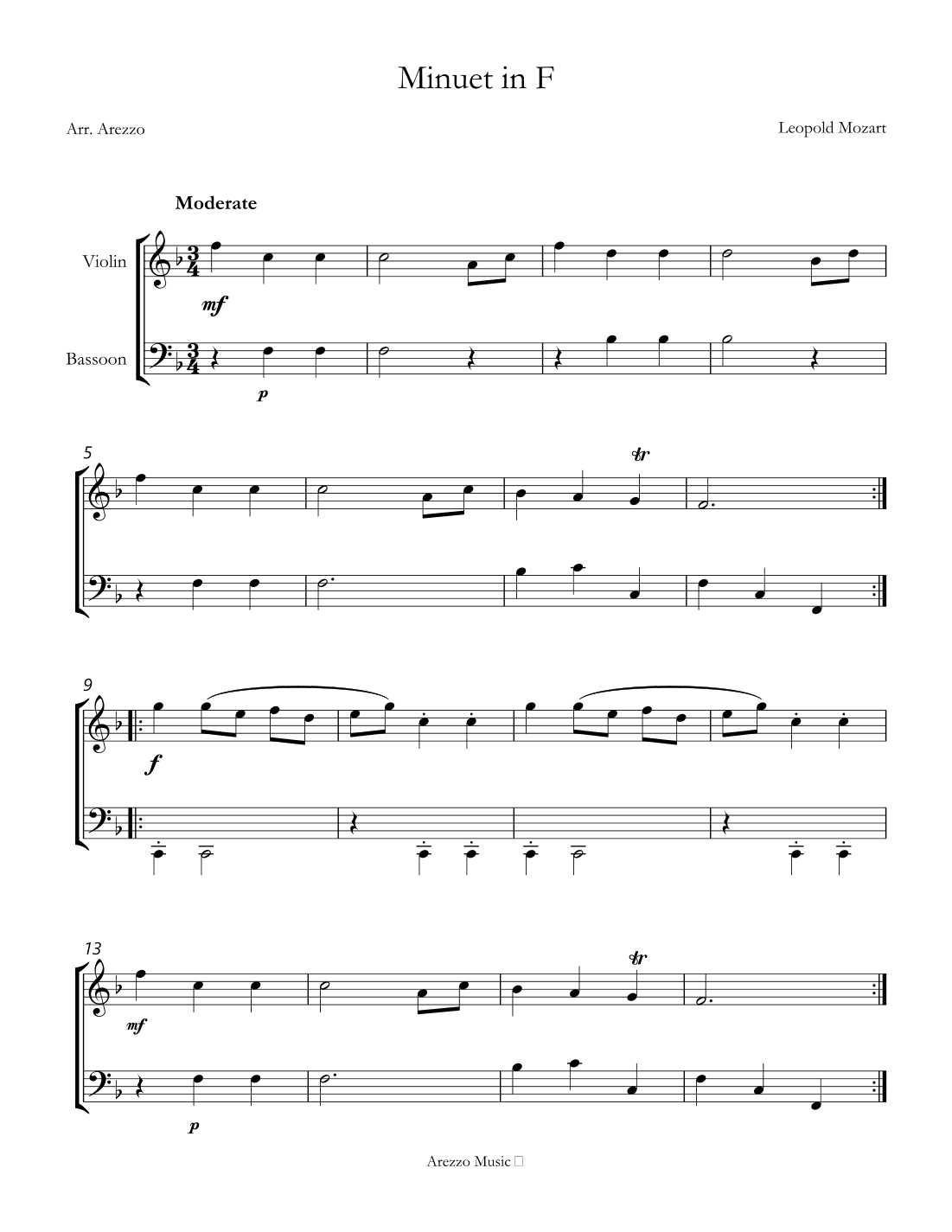 sheet music classical minuet in f major leopold mozart violin and bassoon (arr. Arezzo Music)