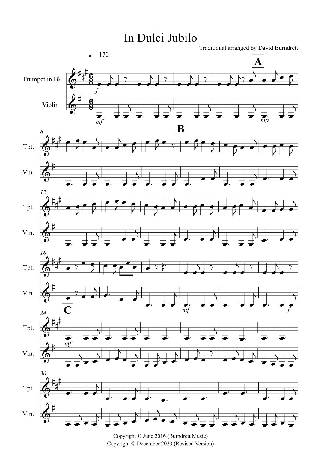 In Dulci Jubilo for Trumpet and Violin Duet (arr. David Burndrett)