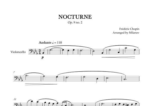 Chopin Nocturne op. 9 no. 2 | Cello | E-flat Major | Easy beginner (arr. Milanov)