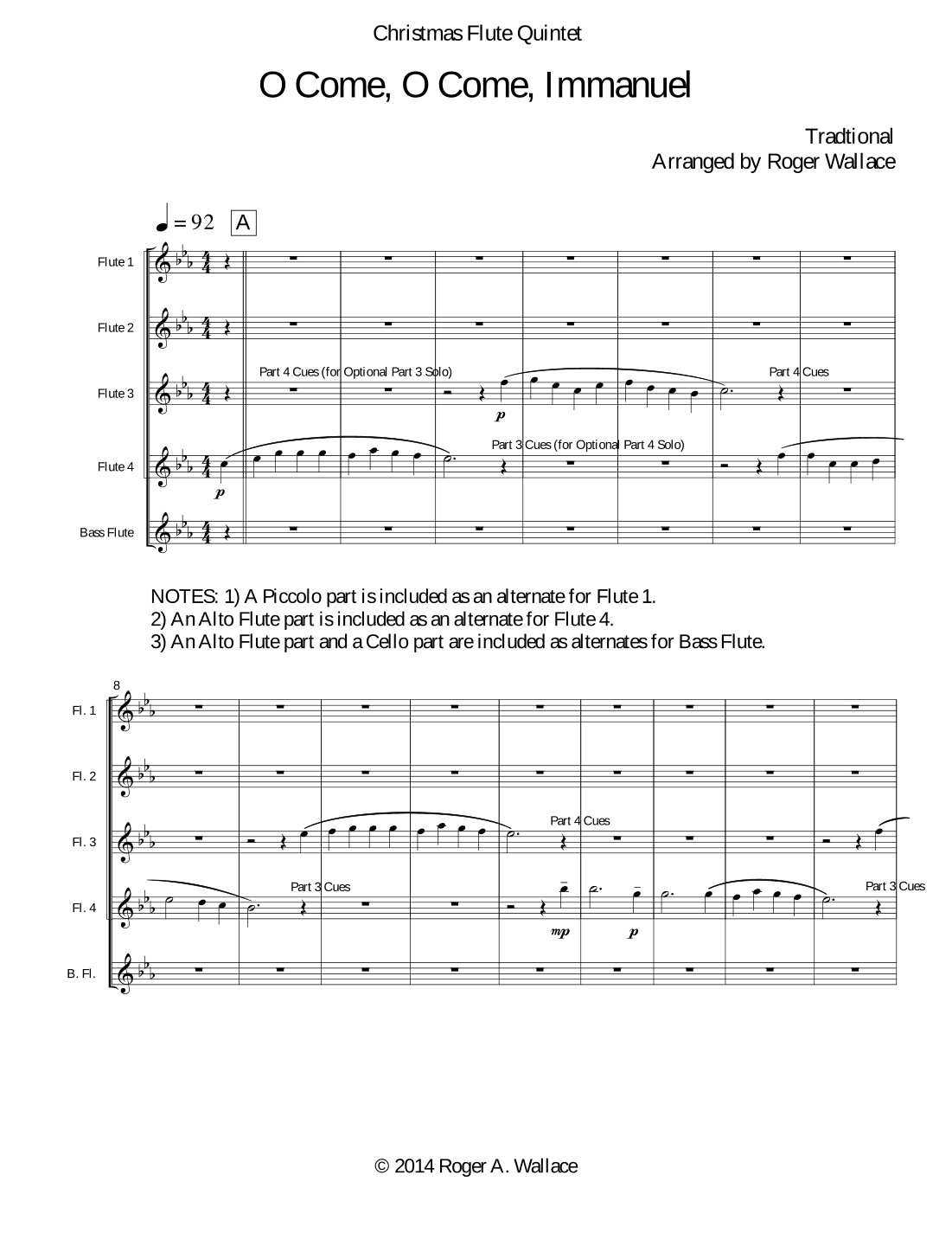 O Come, O Come, Immanuel (Emmanuel) - Flute Quintet or Choir (arr. Roger Wallace)