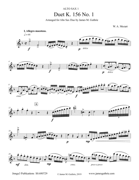 Mozart: 3 Duets K. 156 Complete for Alto Sax Duo (arr. James M. Guthrie, ASCAP)