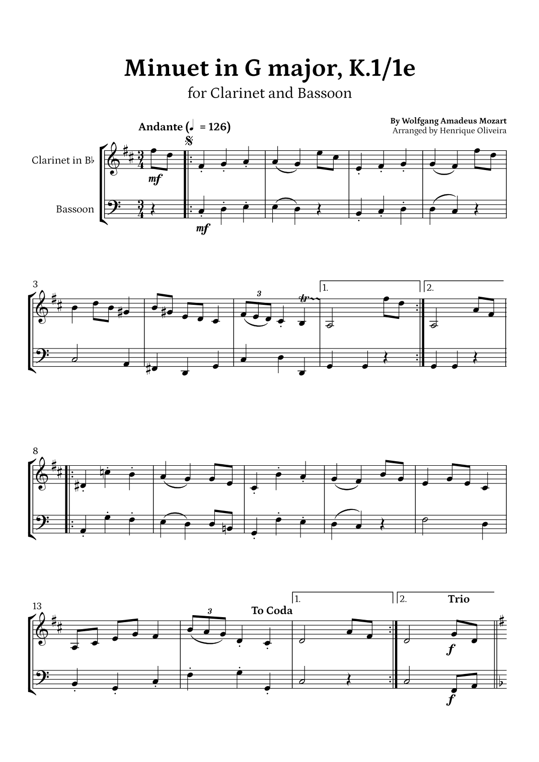 Minuet in G major, K.1/1e (Clarinet and Bassoon) - W. A. Mozart (arr. Henrique Oliveira)