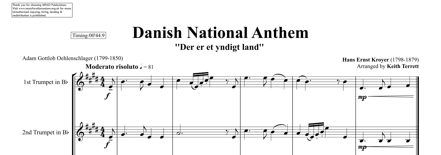Danish National Anthem (Der er et yndigt land) for Brass Quintet (World National Anthem Series) (arr. Keith Terrett)