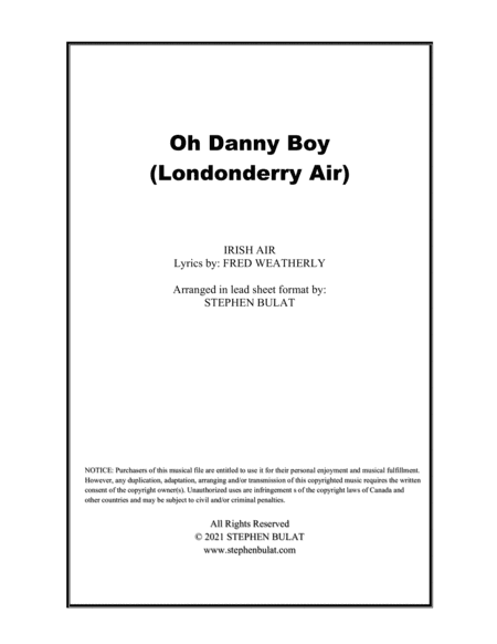 Oh Danny Boy (Londonderry Air) - Lead sheet (key of F) (arr. Stephen Bulat)