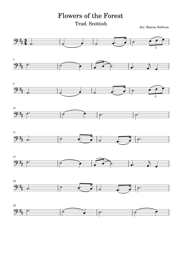 Flowers of the Forest (D major, bass clef for cello) (arr. Sharon Sullivan)