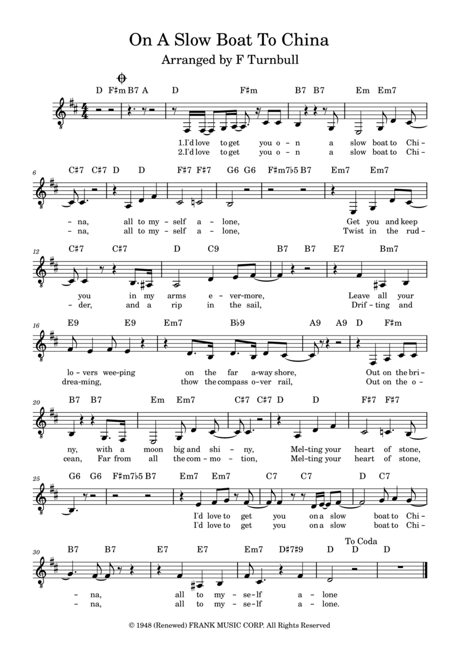 On A Slow Boat To China (arr. F Turnbull)