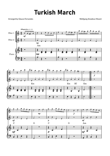 Turkish March by Mozart - Oboe Duet with Piano and Chord Notations (arr. Glauco Fernandes)