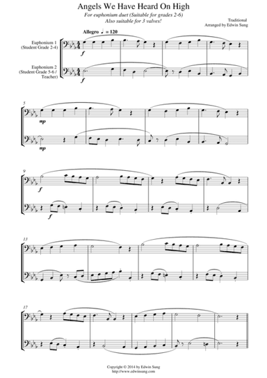 Angels We Have Heard On High (for euphonium duet (bass clef, 3 or 4 valved), suitable for grades 2-5 (arr. Edwin Sung)