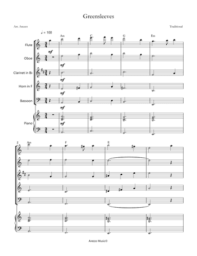 greensleeves woodwind quintet sheet music with piano accompaniment (arr. Arezzo Music)