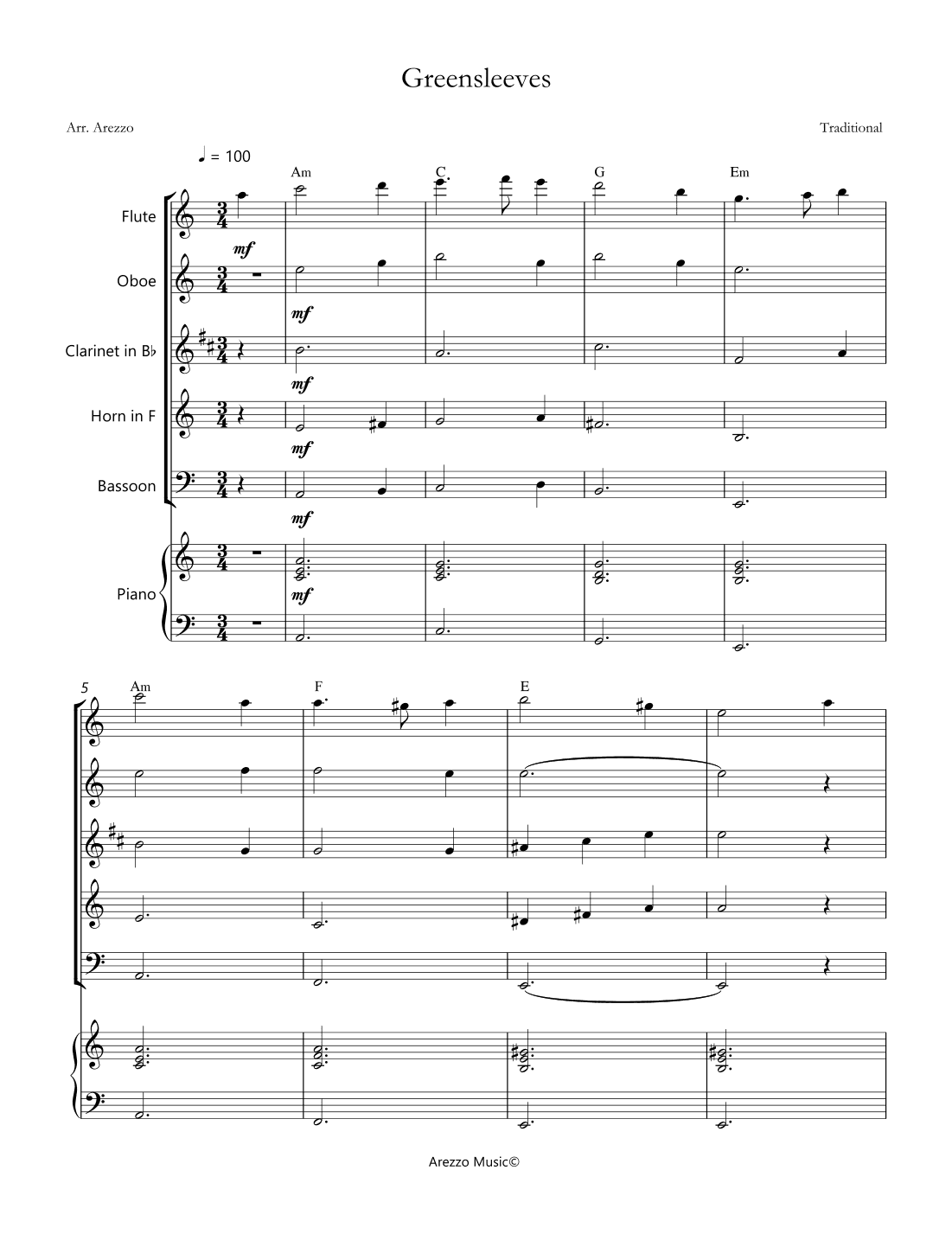 greensleeves woodwind quintet sheet music with piano accompaniment (arr. Arezzo Music)