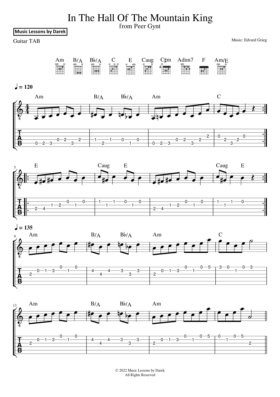 In The Hall Of The Mountain King (GUITAR TAB) from Peer Gynt [Edvard Grieg] (arr. Darek)