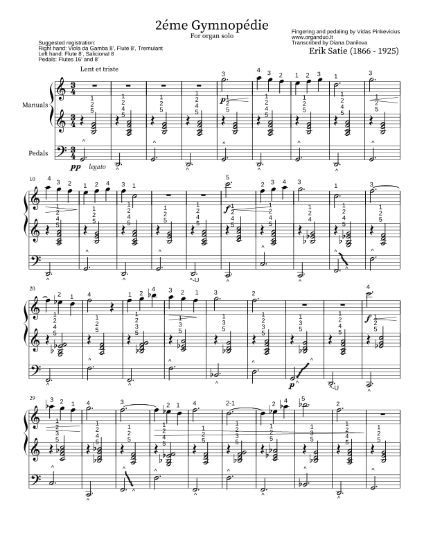 2ème Gymnopèdie (arr. for Organ Solo) by Erik Satie with Fingering and Pedaling (arr. Vidas Pinkevicius)