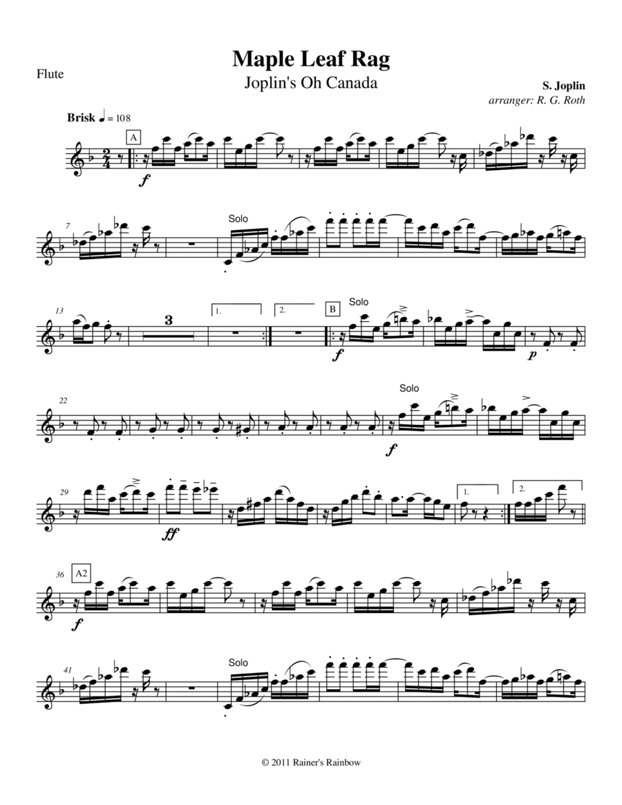 Joplin 1916 Maple Leaf Rag for Woodwind Quartet with optional String Bass (arr. R G Roth)