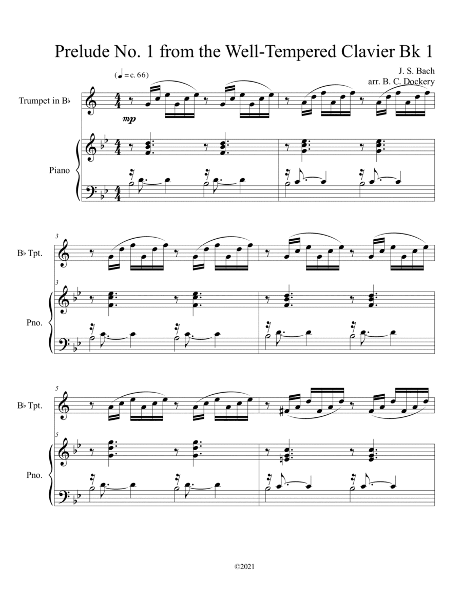 Prelude No.1 from The Well-Tempered Clavier Book 1 BWV 846 (Trumpet Solo) with piano accompaniment (arr. B. C. Dockery)