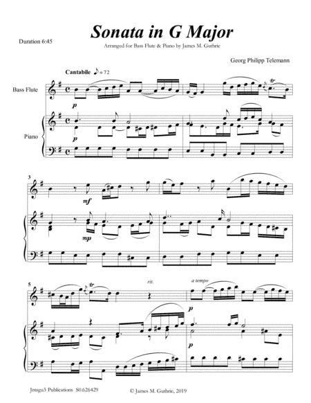 Telemann: Sonata in G Major for Bass Flute & Piano (arr. James M. Guthrie, ASCAP)