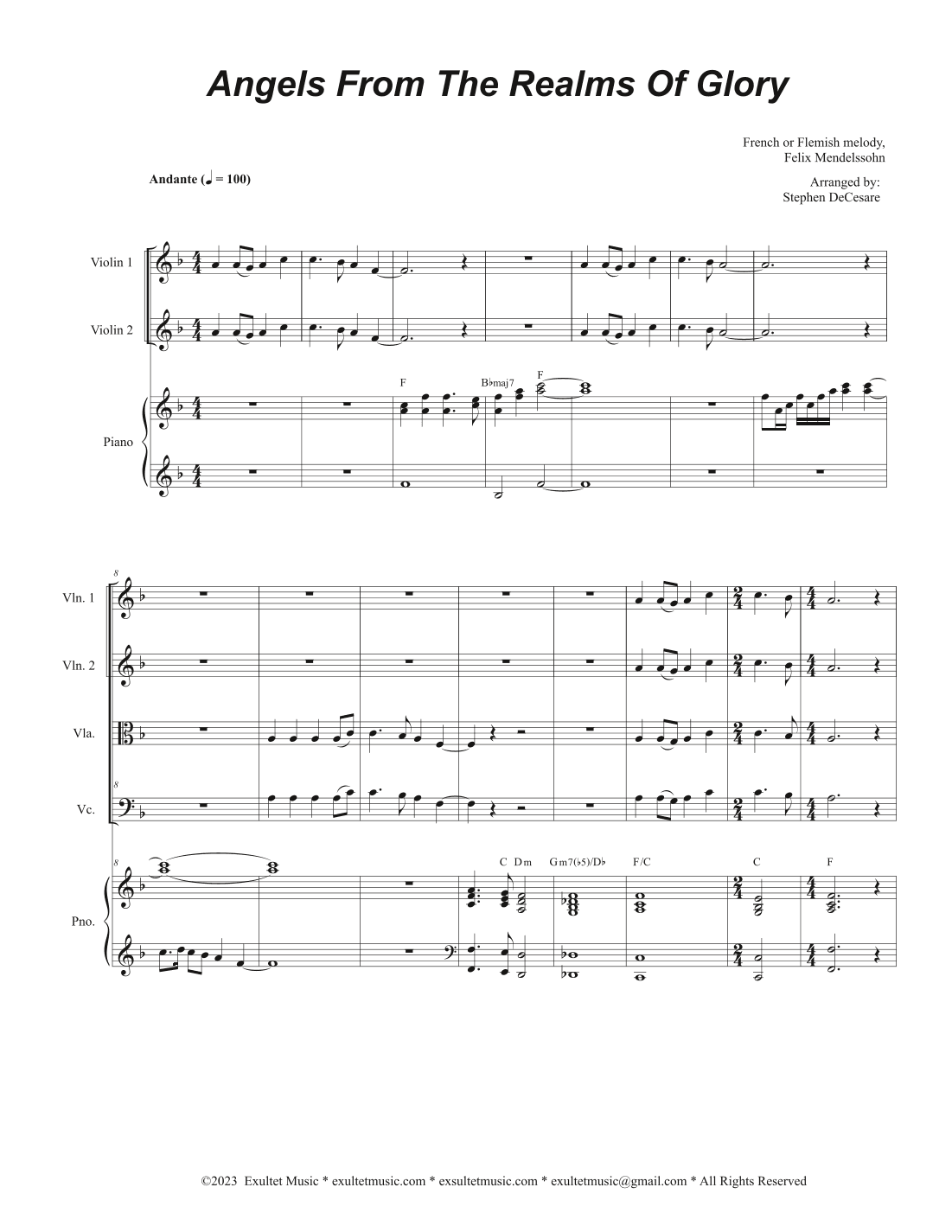 Angels From The Realms Of Glory (String Quartet and Piano) (arr. Stephen DeCesare)
