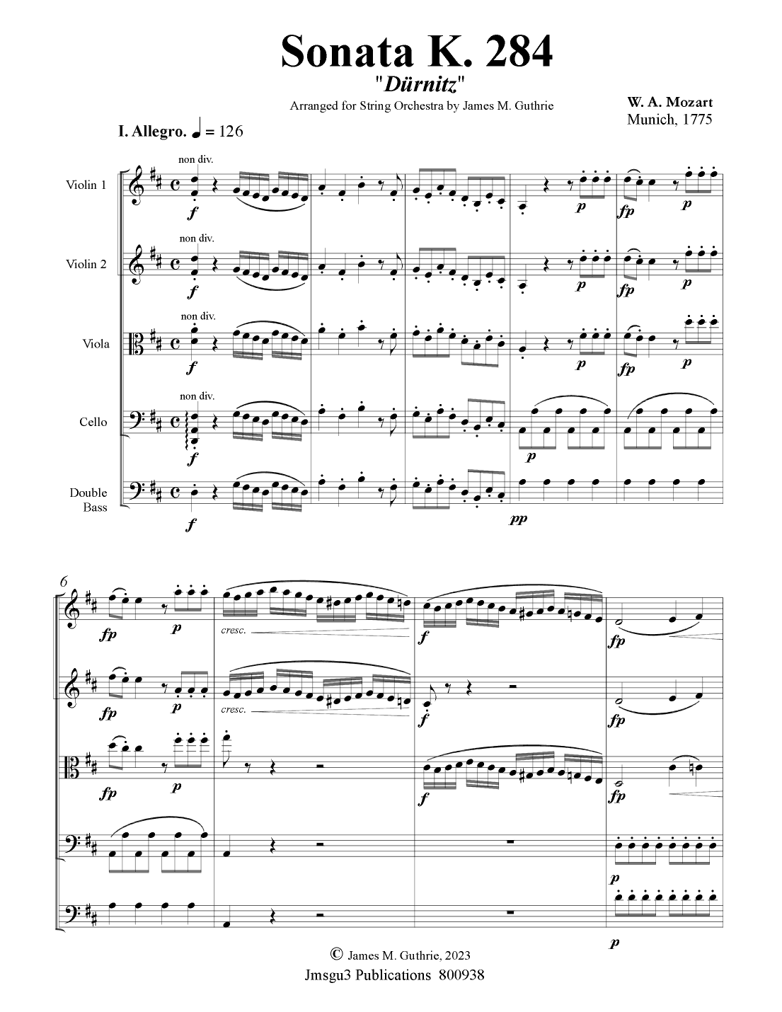 Mozart: Sonata K. 284 “Durnitz” for String Orchestra (arr. James M. Guthrie, ASCAP)