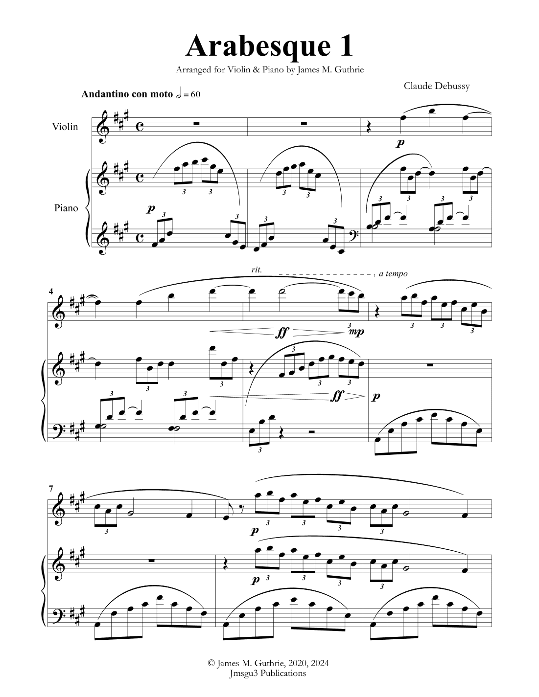 Debussy: Arabesque 1 for Violin & Piano (arr. James Guthrie, ASCAP)