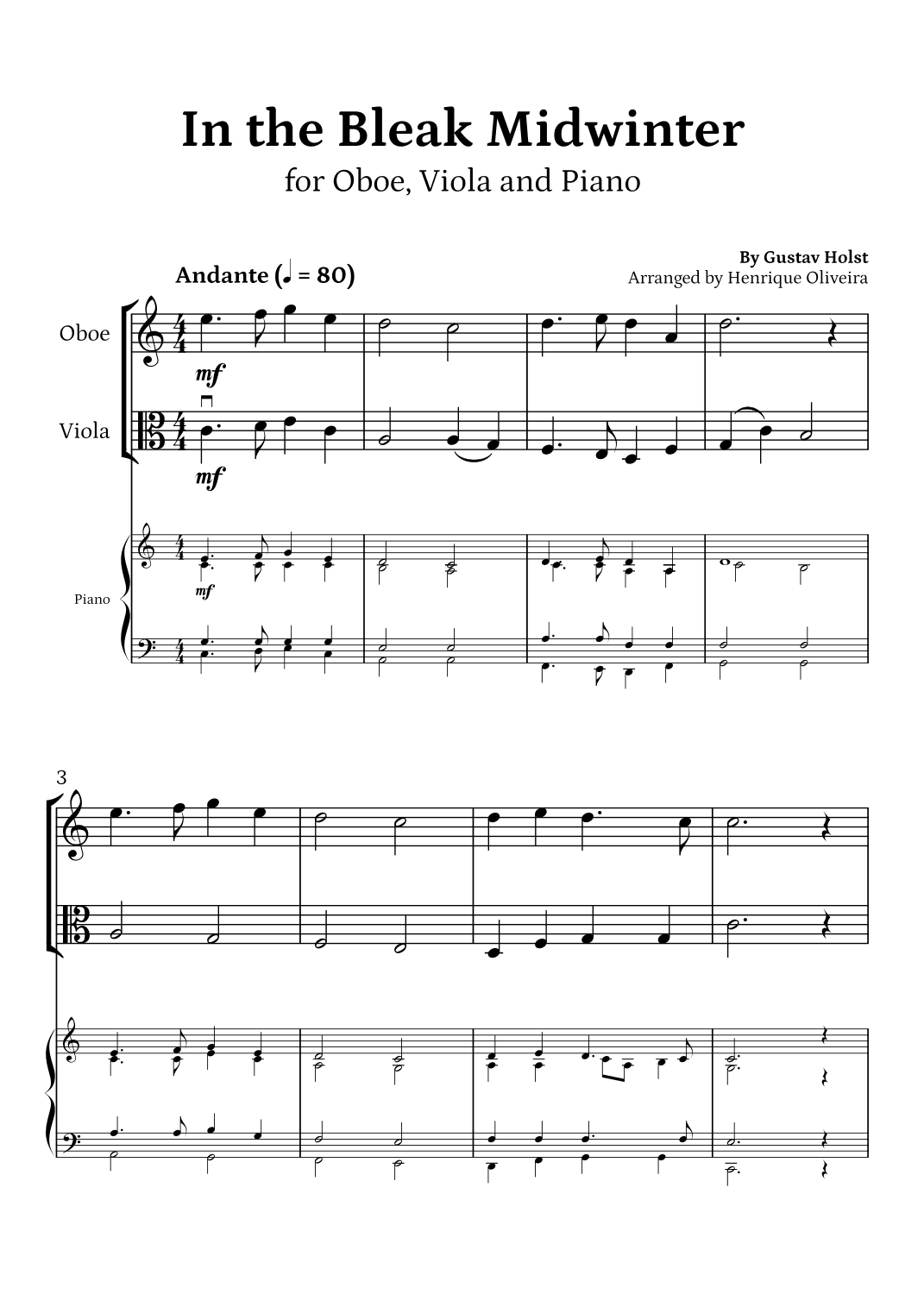 In the Bleak Midwinter (Oboe, Viola and Piano) - Beginner Level (arr. Henrique Oliveira)