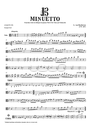 Ludwig van Beethoven Minuetto from Obligato Eyeglasses for 2 Violas (viola duet) or Viola & Cello - (arr. Szczepan Pytel)
