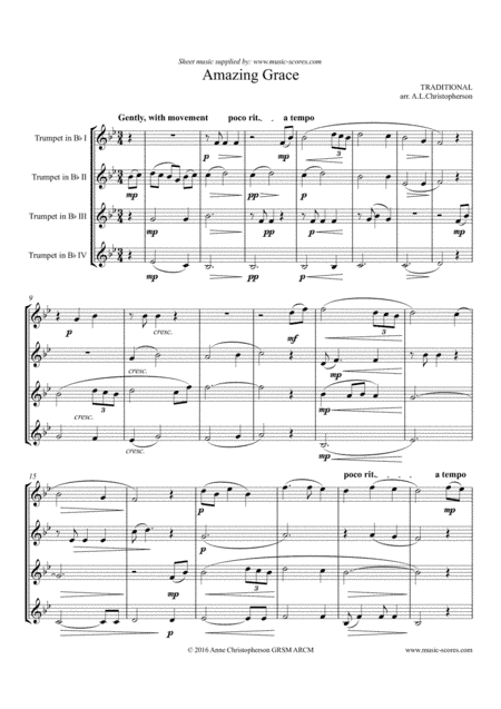 Amazing Grace - Trumpet Quartet - Intermediate (arr. Anne L Christopherson GRSM ARCM)