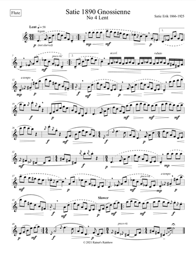 Satie 1890 Gnossienne No 4 Lent for unaccompanied solo Flute Oboe Sax or English Horn (arr. Rainer Grant Roth)