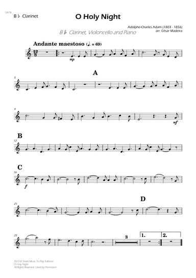 O Holy Night - Bb Clarinet, Cello and Piano (Individual Parts) (arr. César Madeira)