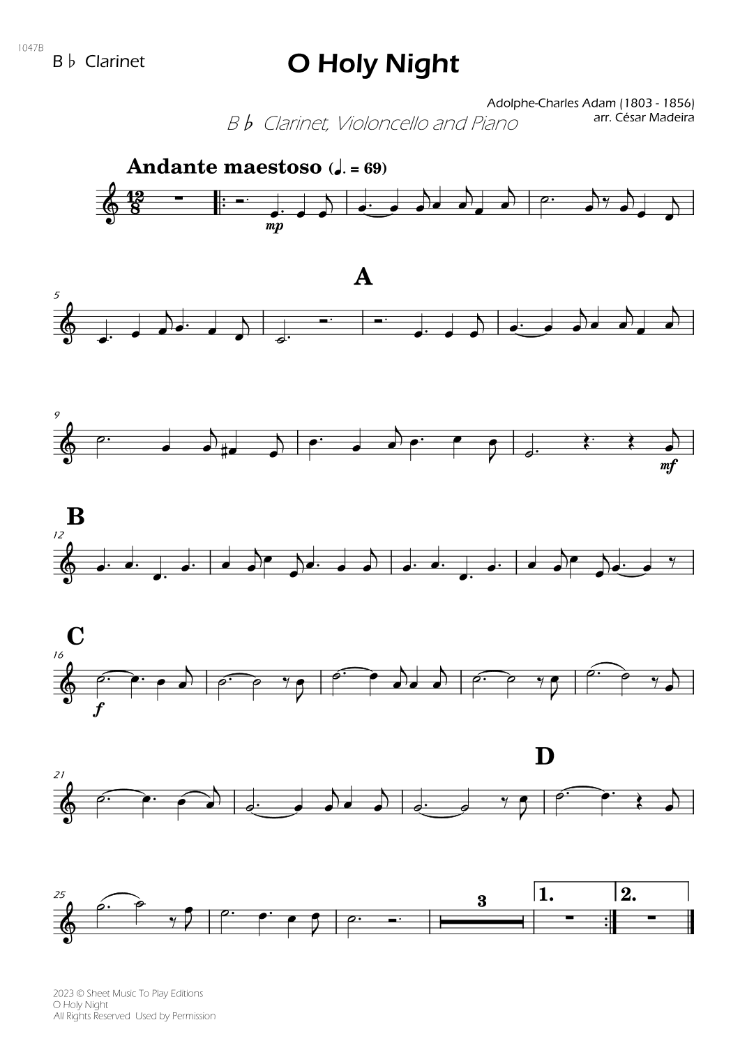 O Holy Night - Bb Clarinet, Cello and Piano (Individual Parts) (arr. César Madeira)